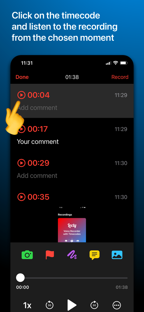 Voice Recorder with Timecodes - Una captura de pantalla de la interfaz de la aplicación Lecty que demuestra cómo hacer clic en un código de tiempo específico para reproducir instantáneamente una grabación de voz desde ese momento.