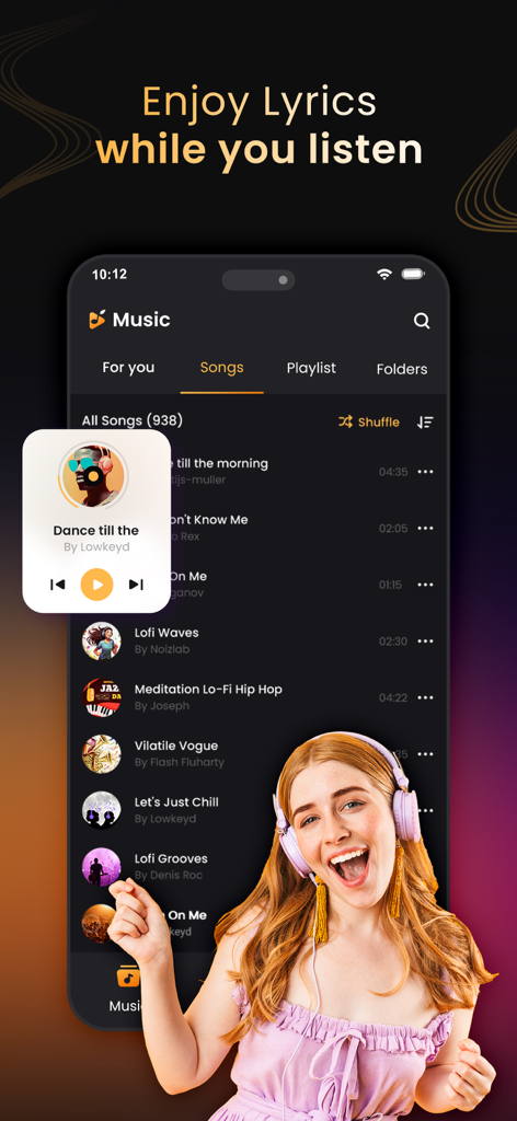 Music Player & MP3 Player ‣ - Interfaz de la aplicación reproductor de música que muestra una lista de canciones y una mujer escuchando con auriculares