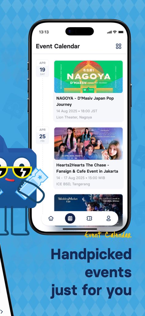 LOKET X - Pantalla de smartphone que muestra el calendario de eventos de LOKET X con listados de eventos en vivo curados.
