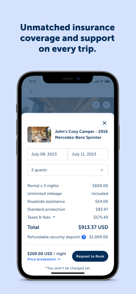 RVezy - RV & Trailer Rental - RVezy app screen showing a rental booking summary for a camper with insurance and roadside assistance breakdown.