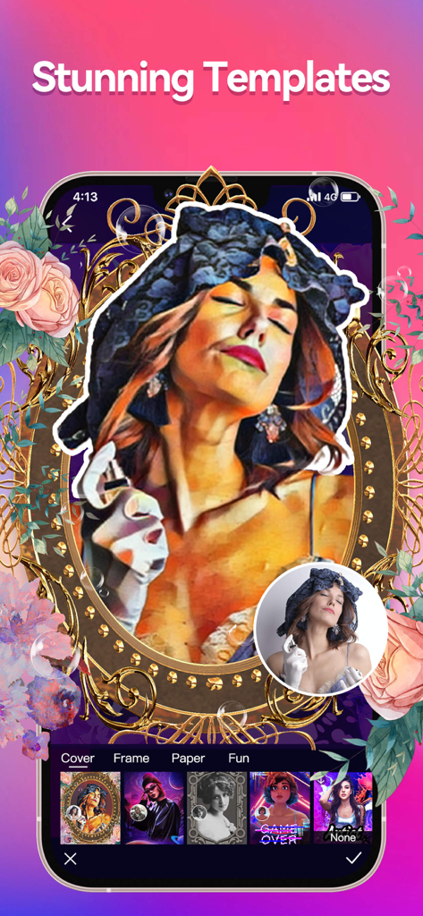 CamArt-Cut Out&Art Filters - CamArt app interface showing artistic portrait templates and filters