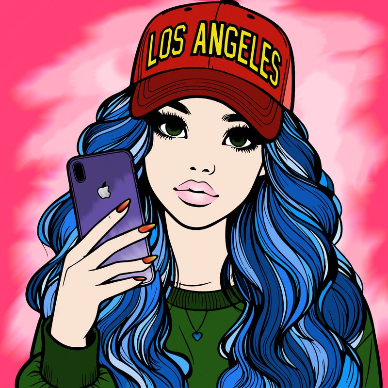 realistic beautiful girl wearing los ángeles cap holding an iphone