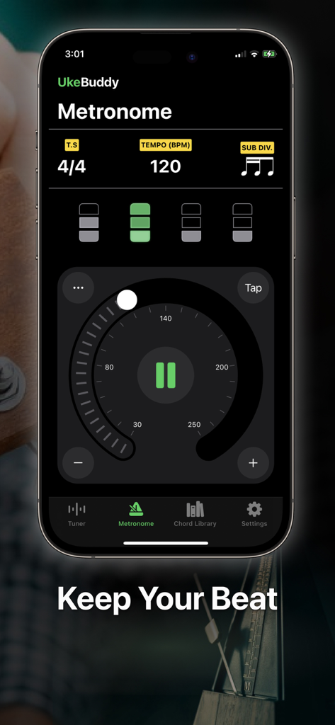 Uke Tuner: Song Chord Ukulele - Ukulele metronome interface showing tempo and subdivision settings
