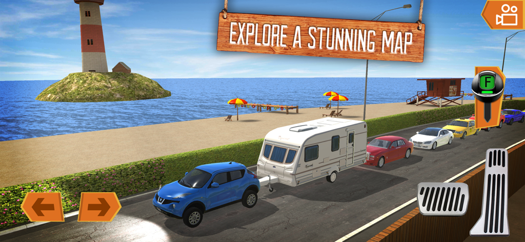 Blue car towing a white caravan on a scenic coastal road with a lighthouse in the background