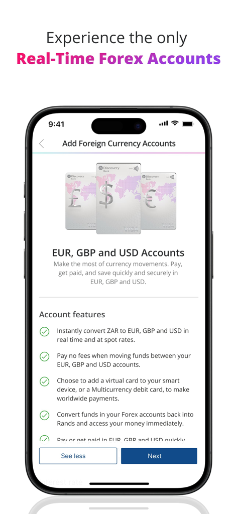 Discovery Bank app interface for adding real-time EUR GBP and USD accounts