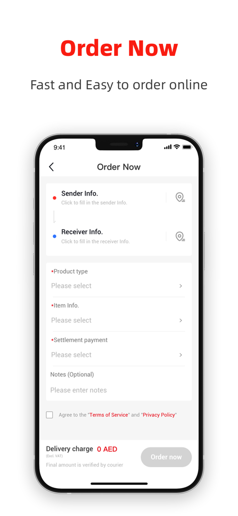 J&T Express Arab - A screenshot of the J&T Express Arab app showing the Order Now screen for scheduling a delivery with sender and receiver info fields.