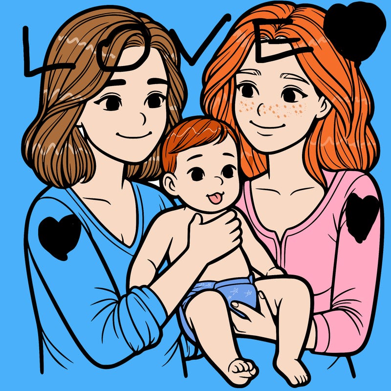 two realistic women holding one baby together
