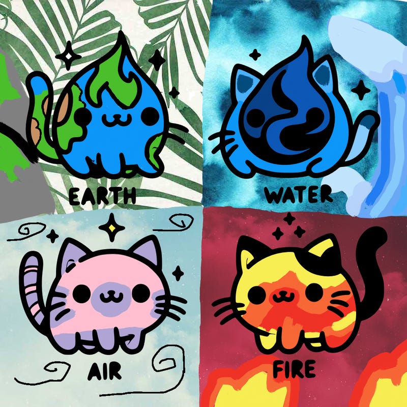 4 cats that represent the different elements, earth, water, air, and fire