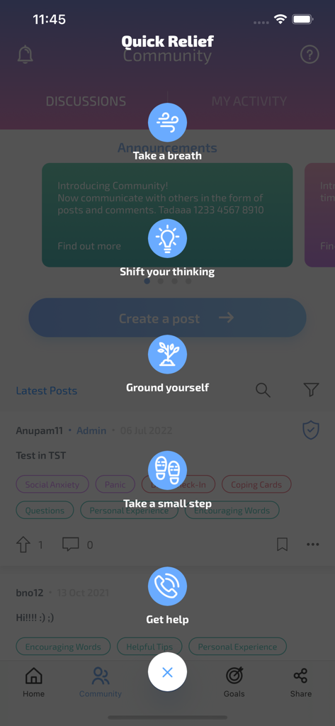 Quick Relief menu in the MindShift CBT app with options to take a breath and ground yourself