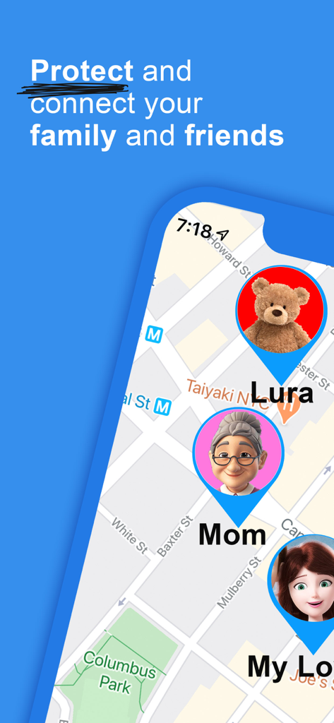 Captura de pantalla de una aplicación móvil que muestra un mapa con marcadores de ubicación en tiempo real para miembros de la familia y amigos