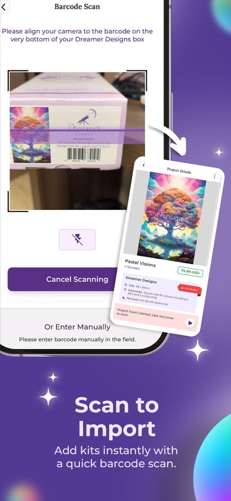 Dreamer Diaries - スマートフォンアプリ画面。バーコードをスキャンしてダイヤモンドペインティングキットをデジタルライブラリにインポートしている様子が表示されます。