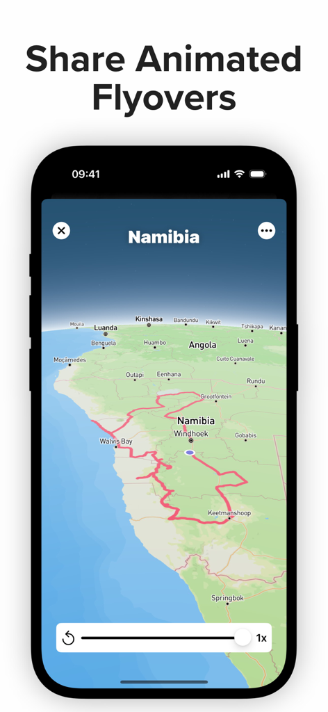 Travel Tracker by PhotoRoute - An animated flyover map showing a travel route in Namibia