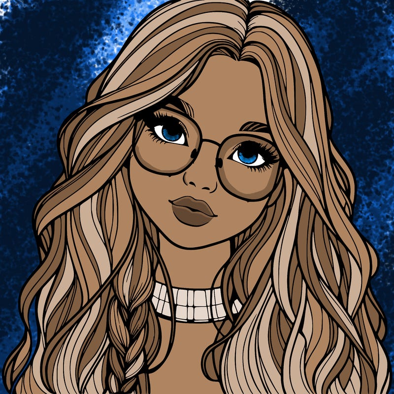 girl with long hair and freckles and glasses realistic