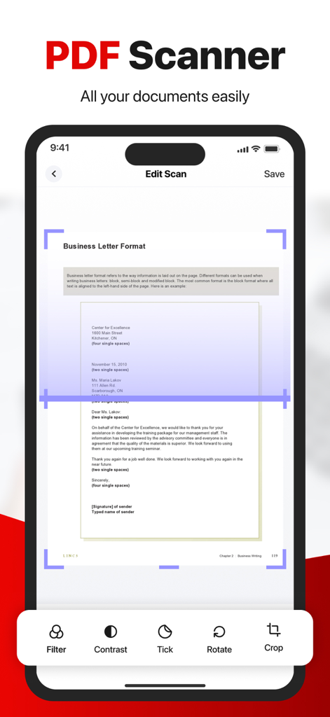 PDF Converter -Document Editor - A mobile app interface showing a document scanner scanning a business letter with editing options like crop and filter