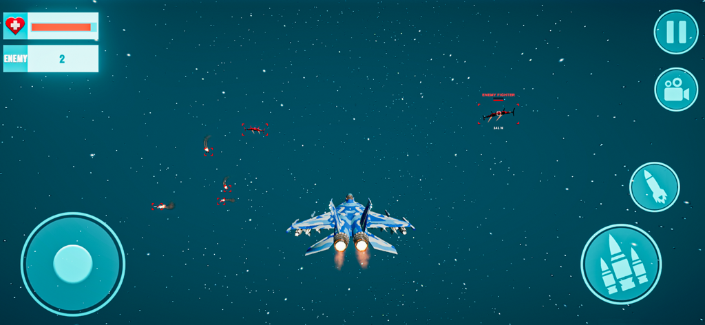 Air Fighter Jet Simulator Game - A blue camouflage fighter jet targeting enemy planes in a night sky combat mission