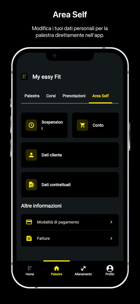 My Easy Fit - Écran de libre-service de l'application My Easy Fit pour la gestion de l'adhésion à la salle de sport et des données personnelles
