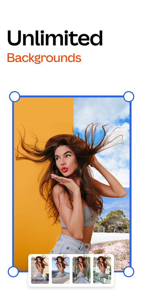 Remove.bg - A woman photo being edited with different AI backgrounds in the Remove.bg app