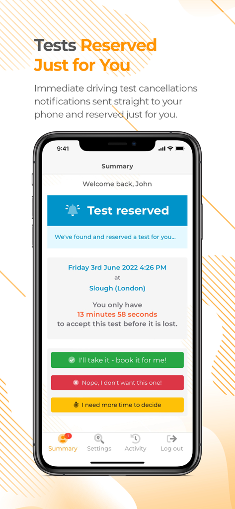 Driving Test Cancellations App - Una interfaz de aplicación móvil mostrando una cancelación de examen de conducir reservada con un temporizador y botones de reserva