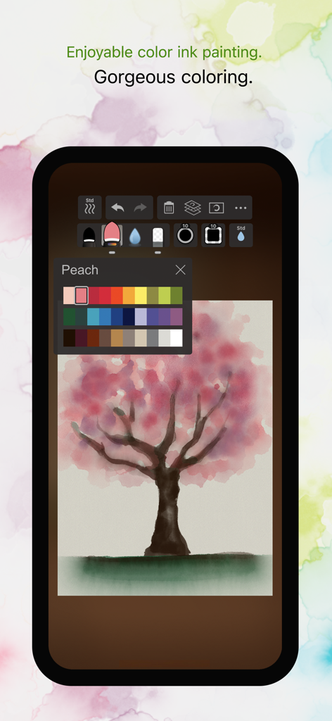 Zen Brush 3 - Zen Brush 3 app interface displaying a color palette and a digital ink painting of a cherry blossom tree