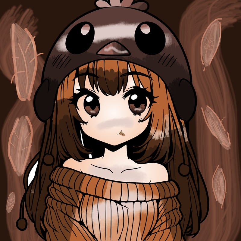 anime girl with chick shaped hat with sweater with bare shoulders with bangs covering them one eye with low tail