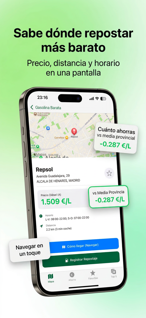 Gasolina Barata – Precio Hoy - Interfaccia dell'app Gasolina Barata che mostra i prezzi delle stazioni di servizio e il confronto dei risparmi su un telefono cellulare.