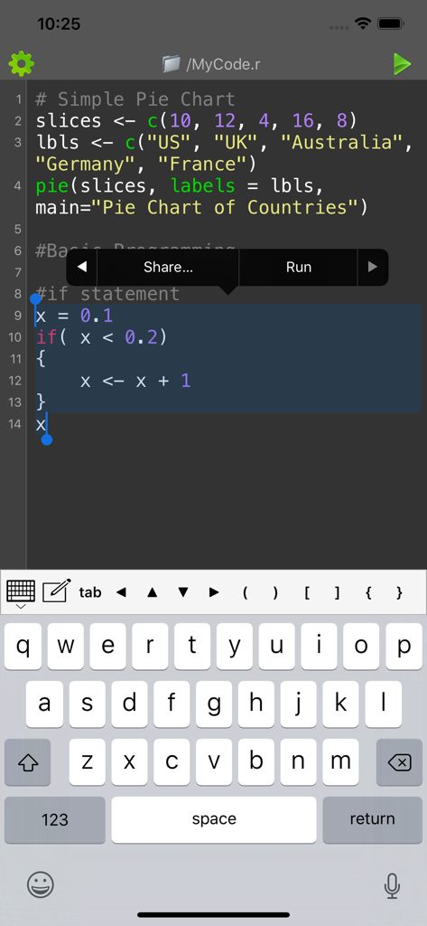 R Programming Compiler - R code editor interface with syntax highlighting and a programming keyboard on iPhone