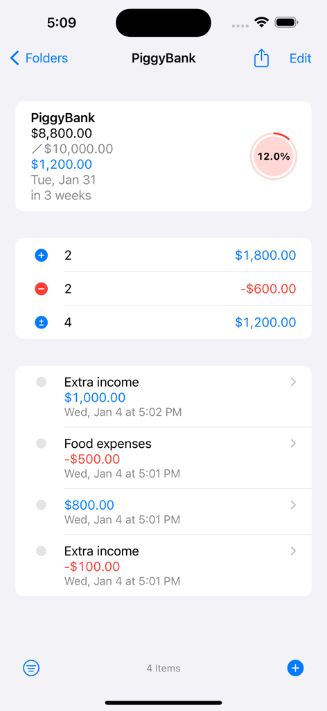 Piggy Bank app dashboard showing savings goal progress and transaction history.