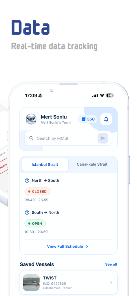 GetMarine App-Oberfläche, die Echtzeit-Schiffstracking und Transitpläne für Meerengen zeigt