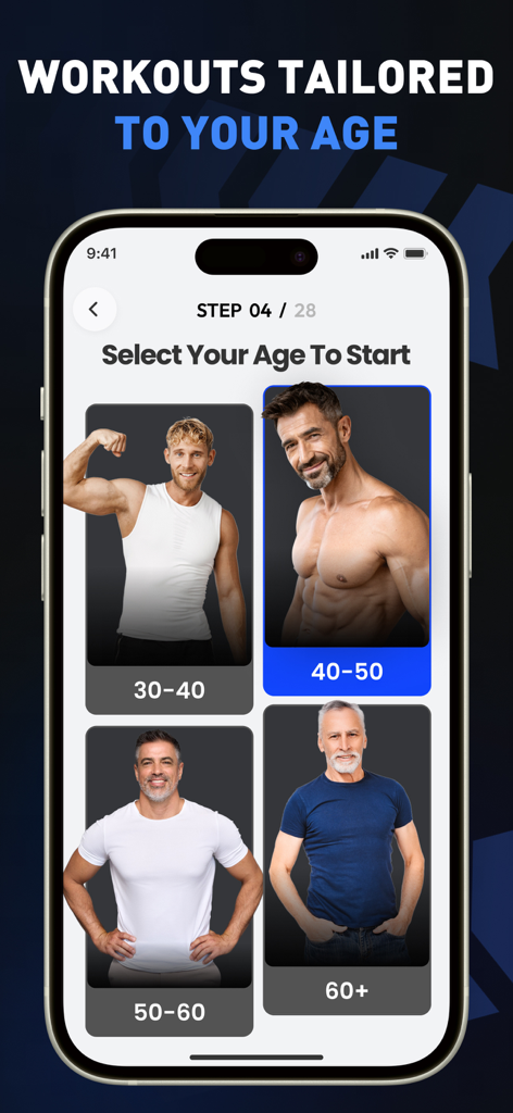 Chair Workout for Men~Easy Fit - Pantalla de aplicación móvil que muestra la selección del rango de edad para planes de acondicionamiento físico masculino personalizados, incluidas opciones para mayores de cincuenta y sesenta.