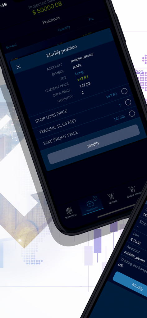 Interfaz de la aplicación móvil de Trade The Pool que muestra la pantalla de modificación de posición para una operación de acciones de Apple AAPL con ajustes de gestión de riesgos