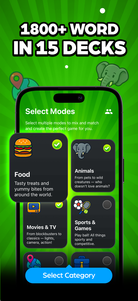 Imposter Game: Guess the Word! - Pantalla de selección de diferentes categorías y mazos de palabras en la aplicación de fiesta Juego del Impostor