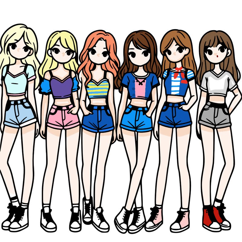 a group of girls wearing crop tops and shorts