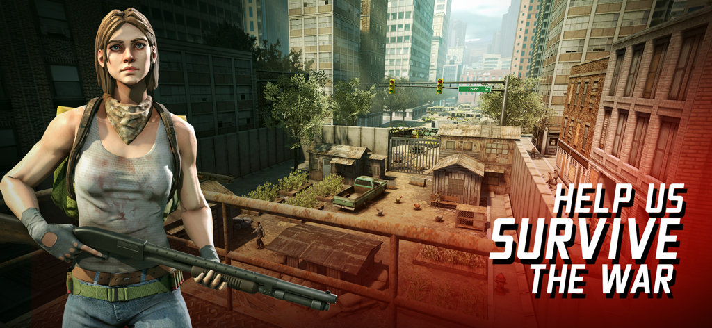Zombie Sniper War 3D: Dead FPS - Una superviviente femenina sosteniendo una escopeta en un entorno de ciudad post-apocalíptica para el juego Zombie Sniper War 3D
