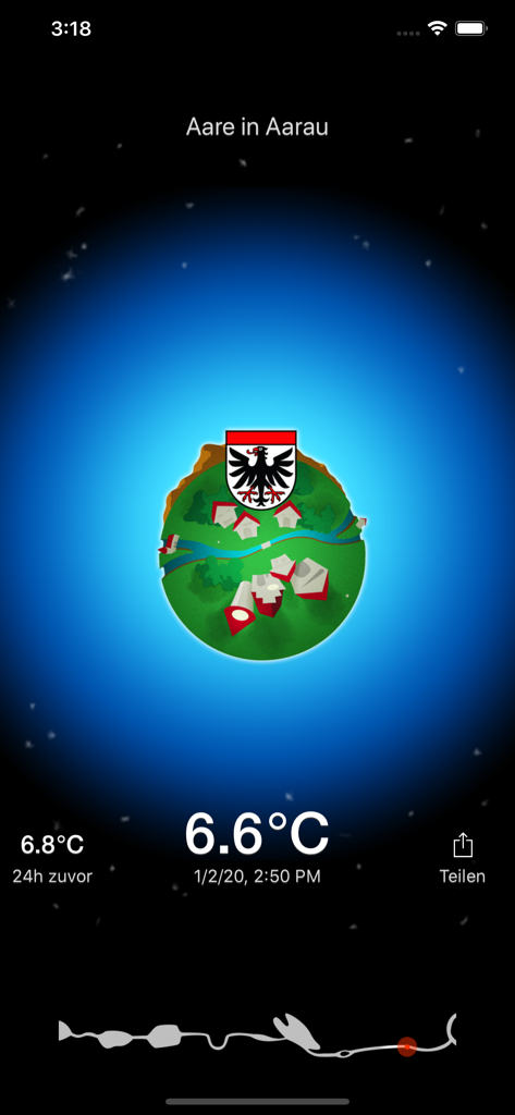 Aare - Aare App-Oberfläche, die 6,6 Grad Celsius Wassertemperatur in Aarau anzeigt