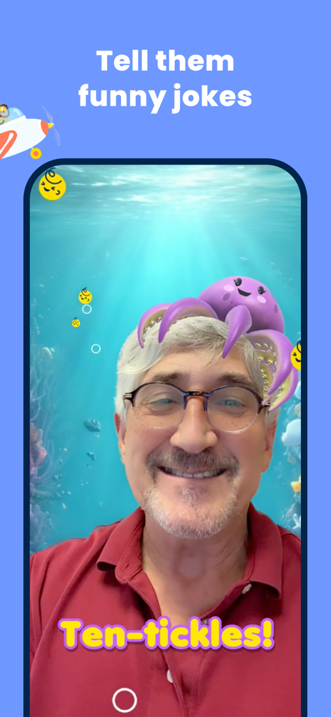 A grandfather using an octopus AR filter on the Zoog app to tell funny jokes to his grandchildren