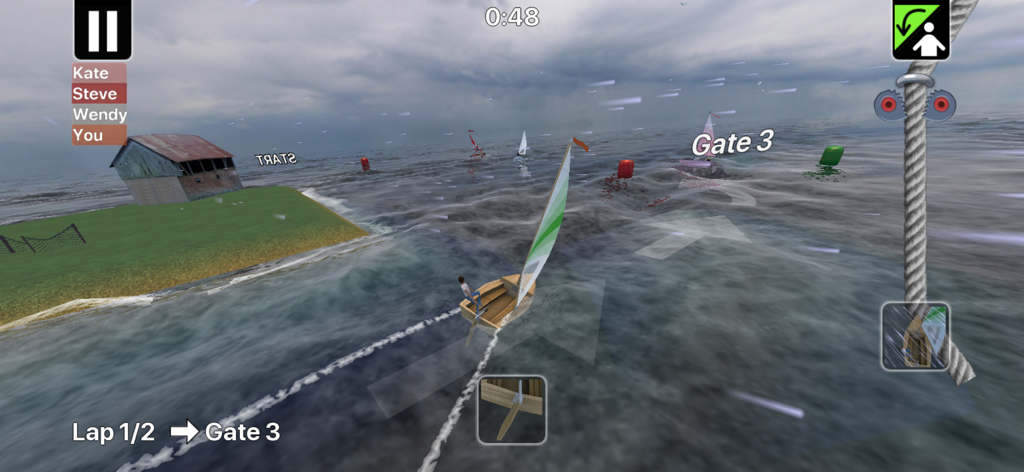 Juego de la aplicación Top Sailor que muestra un velero compitiendo a través de boyas de navegación en alta mar