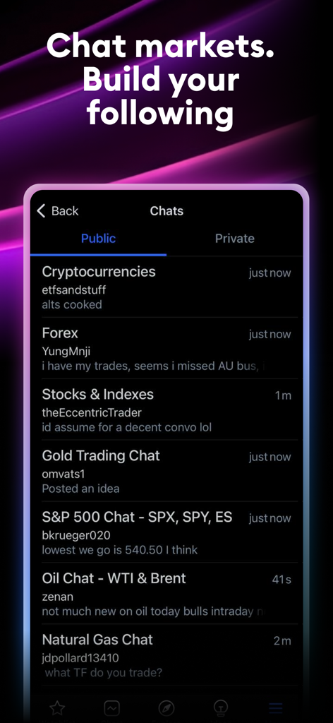 TradingView: Track All Markets - 仮想通貨、FX、株式を含む様々な金融市場向けのTradingView公開チャットを表示するモバイル画面