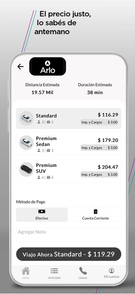 Arlo - Tela do aplicativo Arlo mostrando categorias de veículos, incluindo Sedã Padrão e Premium, com preços antecipados e métodos de pagamento