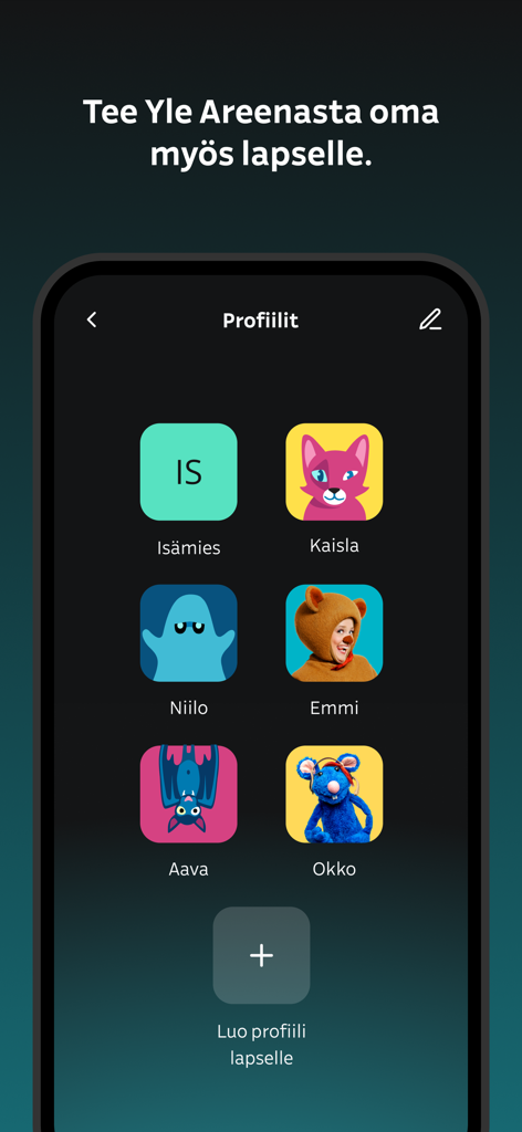 Schermata di selezione del profilo nell'app Yle Areena con avatar di personaggi colorati per bambini e un pulsante per creare un nuovo profilo.