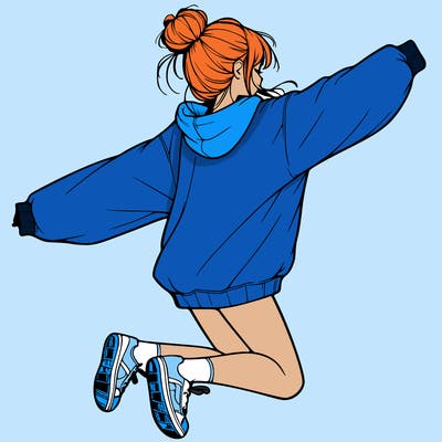 realistic girl jumping with a bun and oversized sweatshirt
