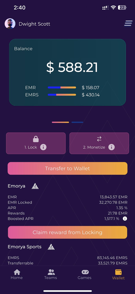 Painel da carteira do aplicativo Emorya exibindo o saldo e as recompensas em tokens de movimento para ganhar