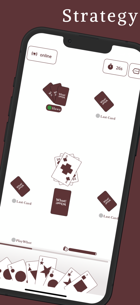 A mobile screen showing the Play Whot card game interface during an online multiplayer match with strategic gameplay.