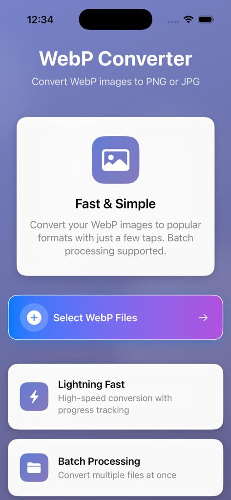 WebP to PNG & JPEG Converter - Schermata principale dell'app Convertitore WebP in PNG e JPEG con il pulsante seleziona file e le funzionalità di elaborazione batch