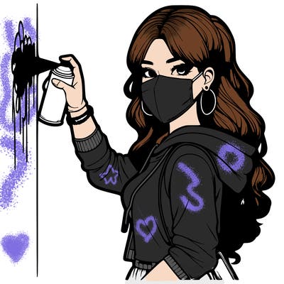 realistic girl with mask spray painting a wall