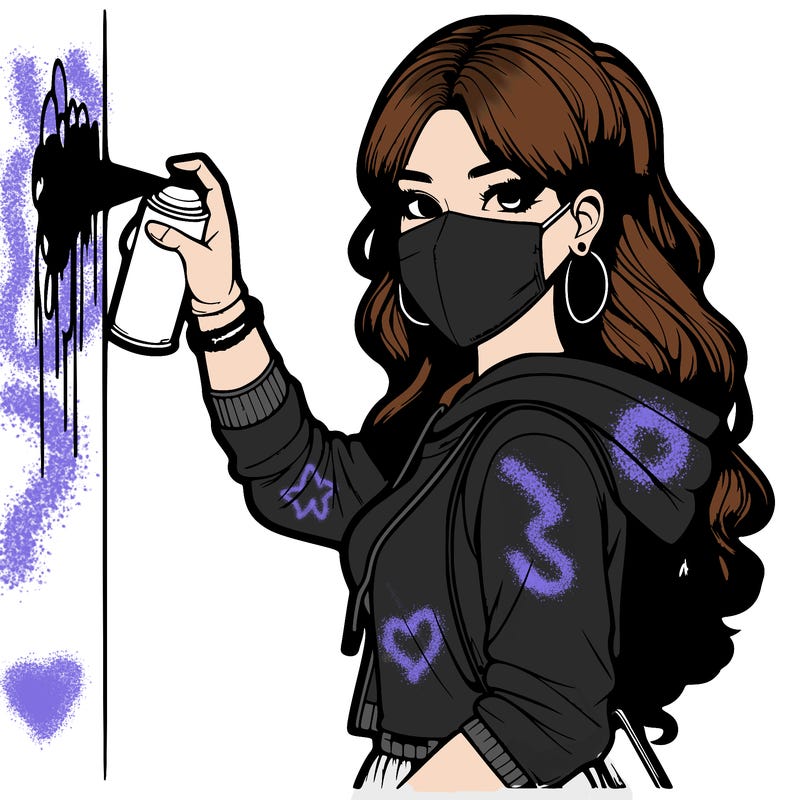 realistic girl with mask spray painting a wall