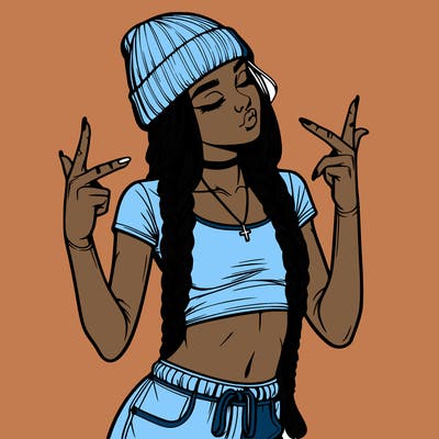 realistic teenage girl with braids and a beanie and crop top doing 🫶🏼