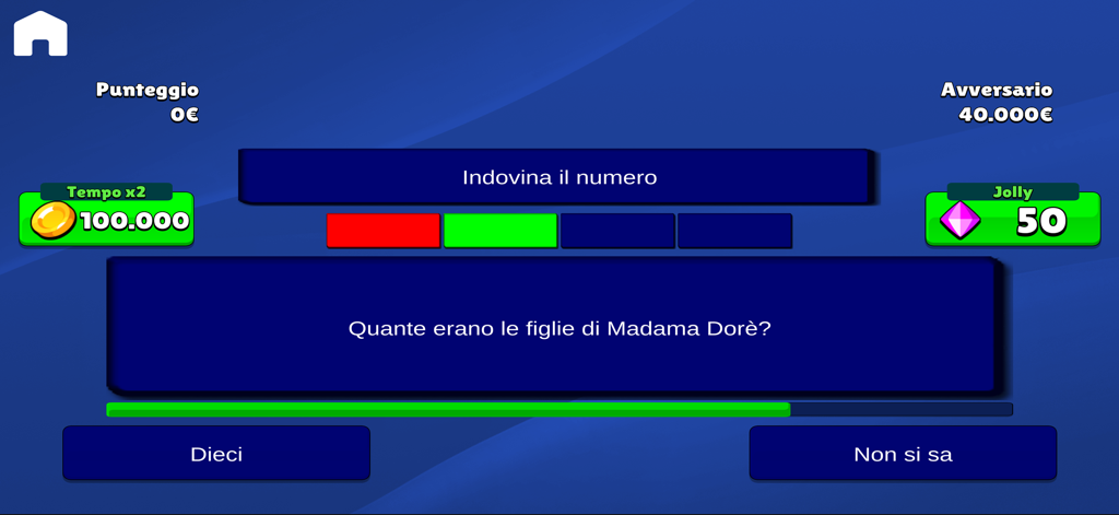 Avanti L'Altro Quiz - Gameplay screen of Avanti L'Altro Quiz trivia app with an Italian question and game progress indicators