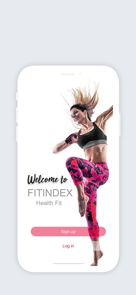 FITINDEX - Welcome screen of the FITINDEX health and fitness app featuring a woman in athletic wear