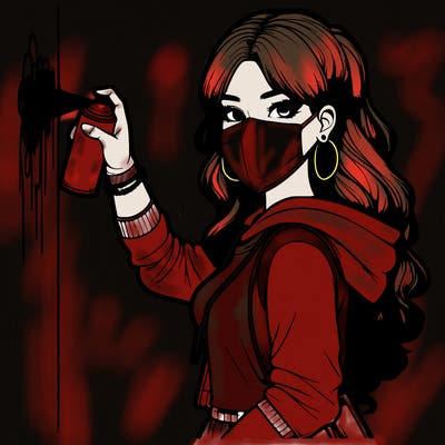 realistic girl with mask spray painting a wall