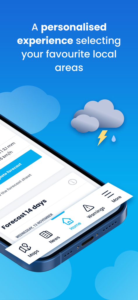 Weather&Rain: Maps & Widget - El Tiempo weather app interface showing a 14 day forecast and personalized local areas
